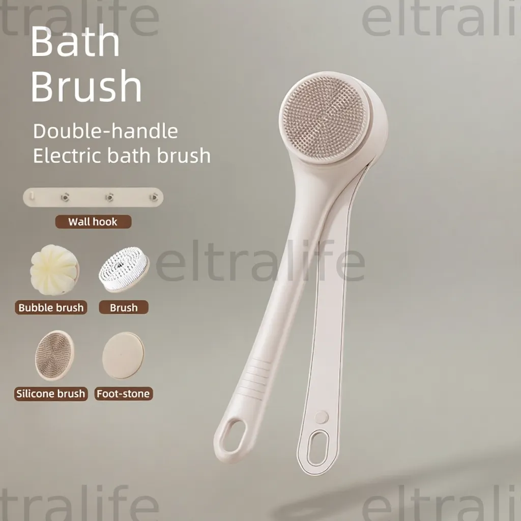Adjustable Single/Double‑Handle Electric Back Bath Brush Kit, Rotating Exfoliating Shower Brush with Replaceable Heads & Shower Foot Rest for Body Skin Care eltralife
