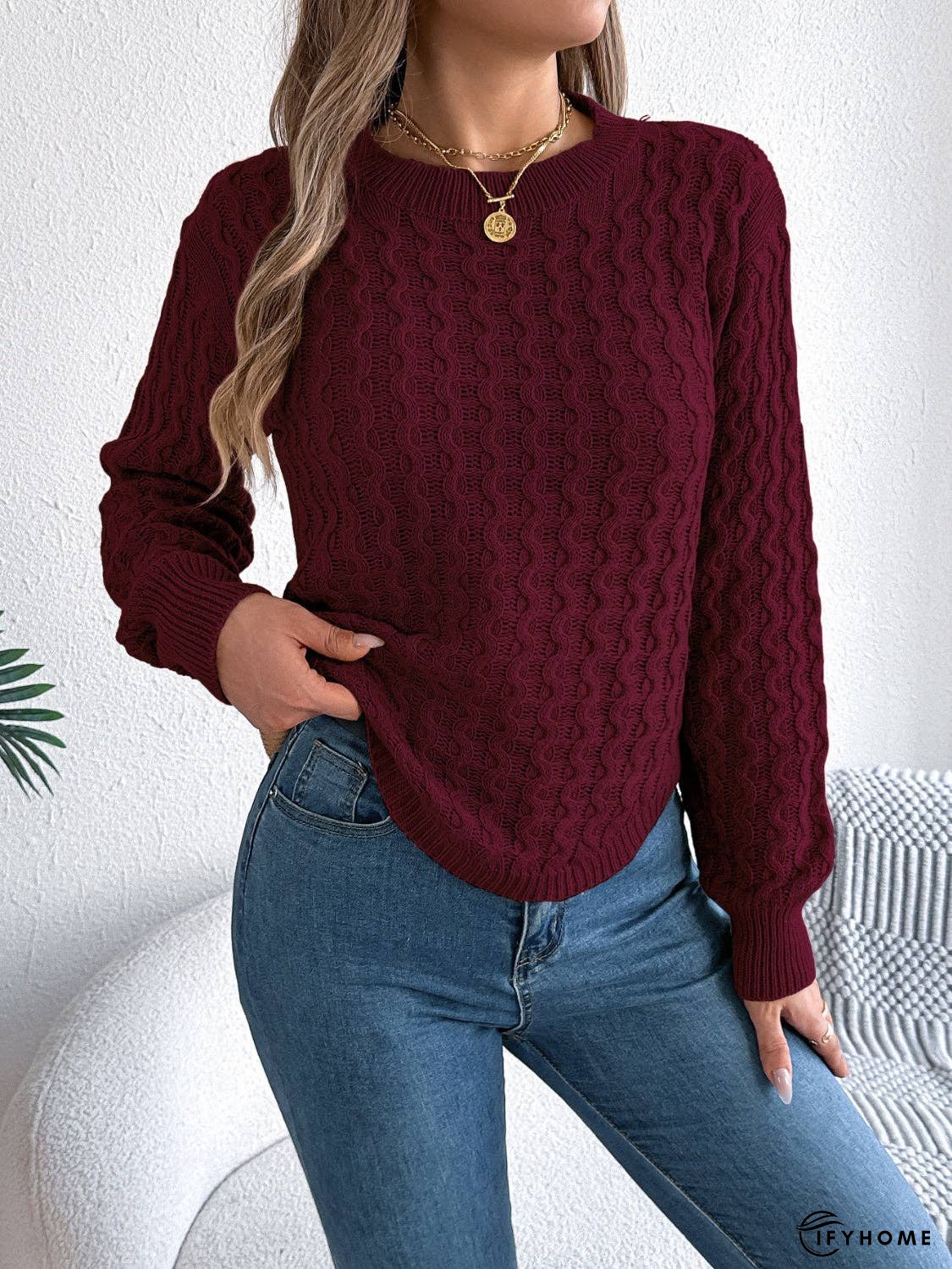 Asymmetric Hem Round Neck Long Sleeve Sweater | IFYHOME