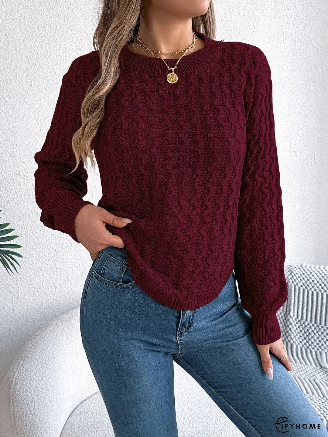 Asymmetric Hem Round Neck Long Sleeve Sweater | IFYHOME