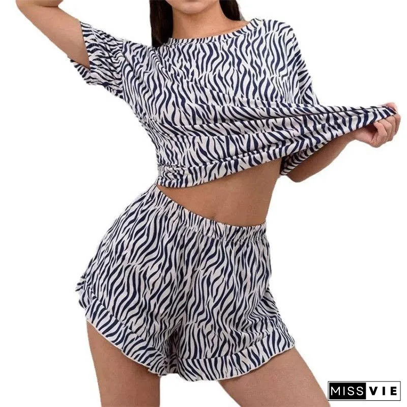 Leaf Print Hem Short Sleeve Pajama Set