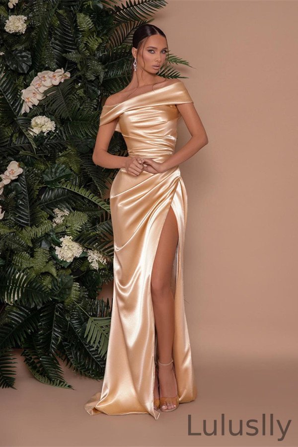 Luluslly Champagne Gold Mermaid Prom Dress Off-the-Shoulder Split