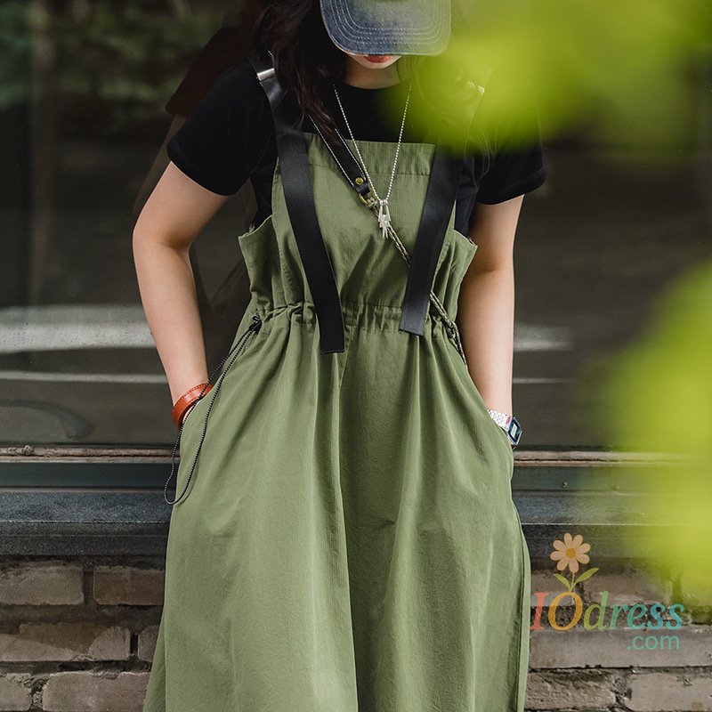 IO Dress Maden Green Adjustable Strap Dress for Women Suspender Long Skirt Casual Loose Fit Cargo Sleeveless Dress for Summer