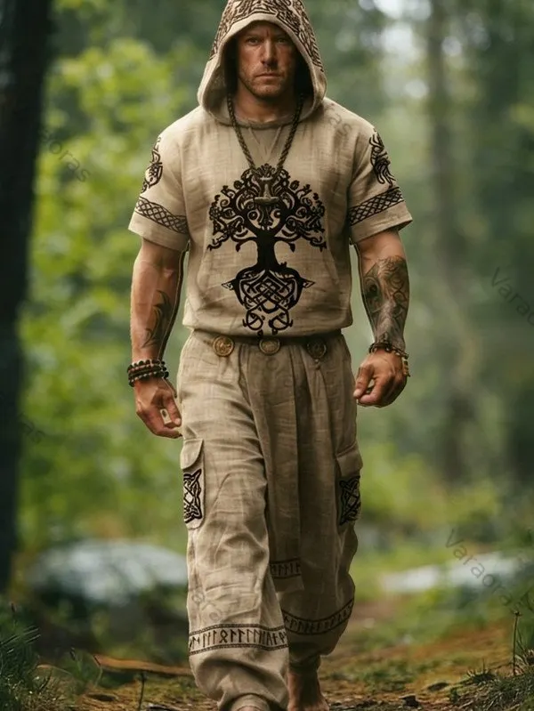 Men's Vintage Nordic Viking-Style Tree of Life Embroidered Short-Sleeve Hoodie & Pants Two-Piece Set 6918