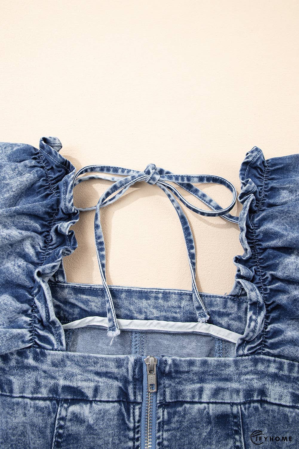 Frilly Square Neck Bustier Puff Sleeve Denim Dress | IFYHOME