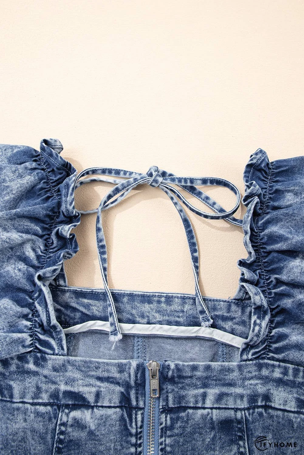 Frilly Square Neck Bustier Puff Sleeve Denim Dress | IFYHOME