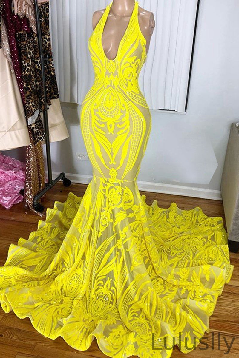 Luluslly Lemon Yellow V-Neck Sleeveless Prom Dress Mermaid Lace Sequins Long