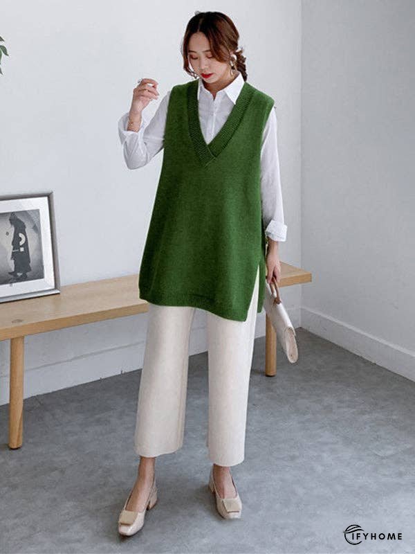 Trendy Sleeveless Split-Side Solid Color V-Neck Knitted Vest | IFYHOME
