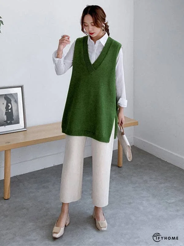 Trendy Sleeveless Split-Side Solid Color V-Neck Knitted Vest | IFYHOME