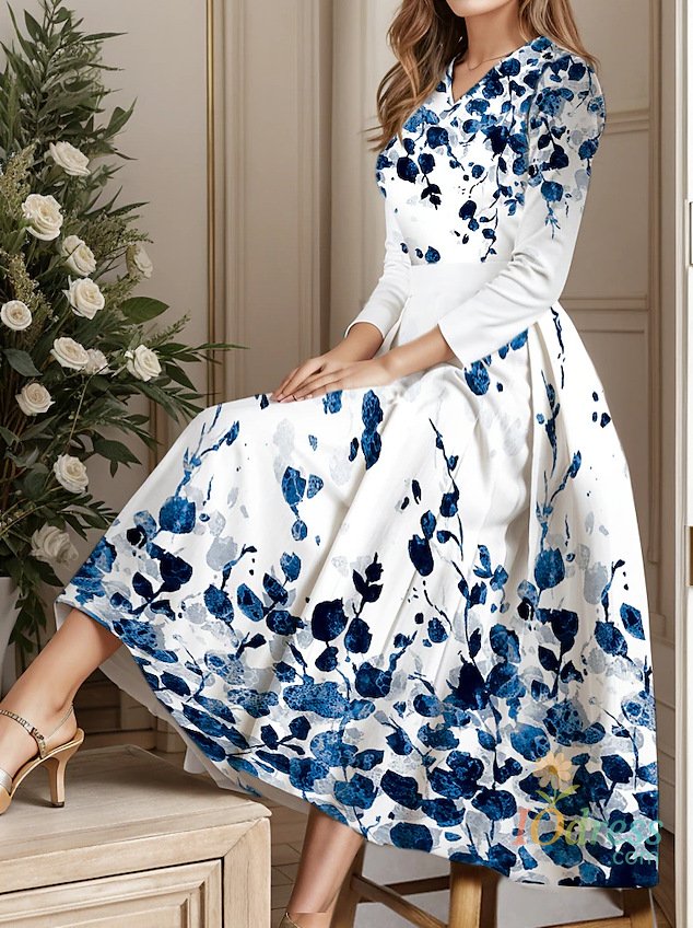 IO Dress Ladies Autumn Winter Floral Print Vintage Long Dress Women's Long Sleeve V-neck Elegant Dresses Party Casual Evening Dress Women
