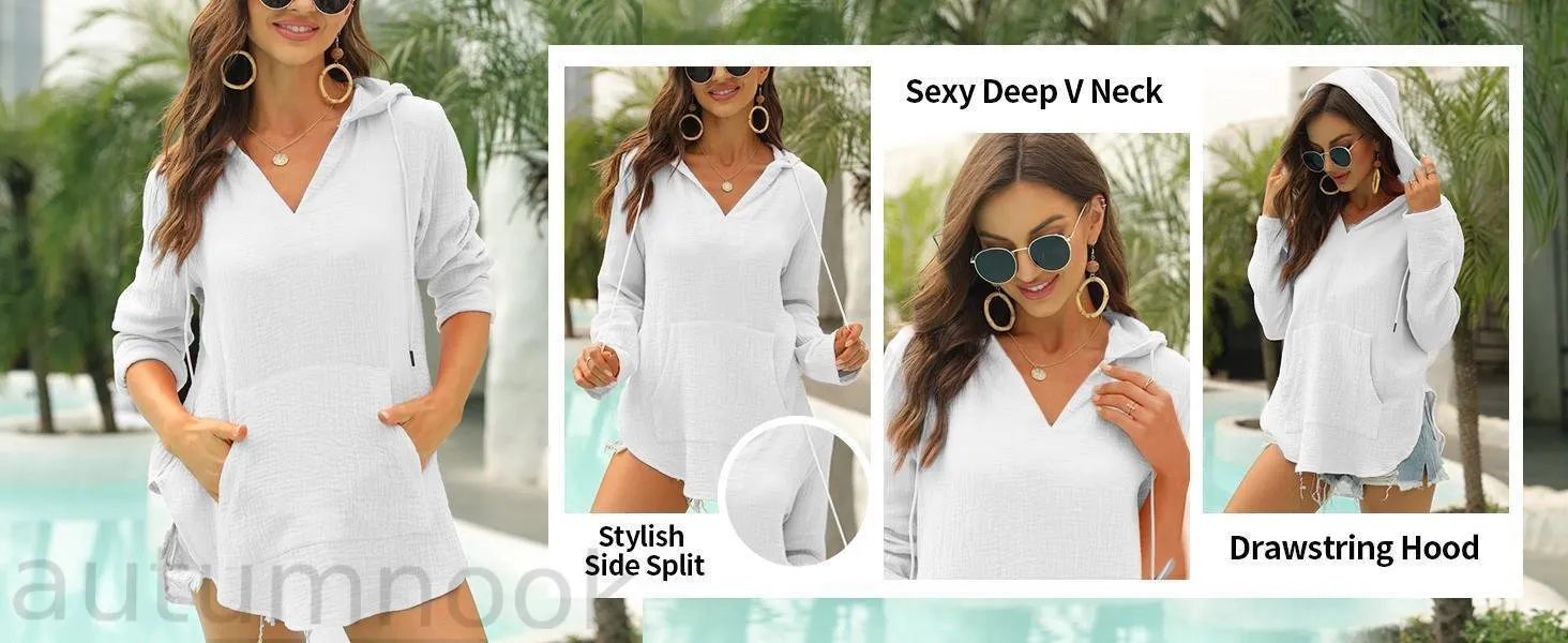 Imily Bela Women's Beach Cover Up hoodies sweatshirt Long Sleeve V Neck Pocketed Hooded Shirt Top Casual Womenswear Imily Bela Women's Beach Cover Up hoodies sweatshirt Long Sleeve V Neck Pocketed Hooded Shirt Top Casual Womenswear
