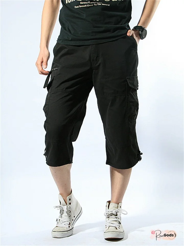 Men's Cargo Shorts Shorts Capri Pants Hiking Shorts Elastic Waist Leg Drawstring Multi Pocket Plain Comfort Wearable Calf-Length Casual Daily Going out 100% Cotton Sports Stylish ArmyGreen Black