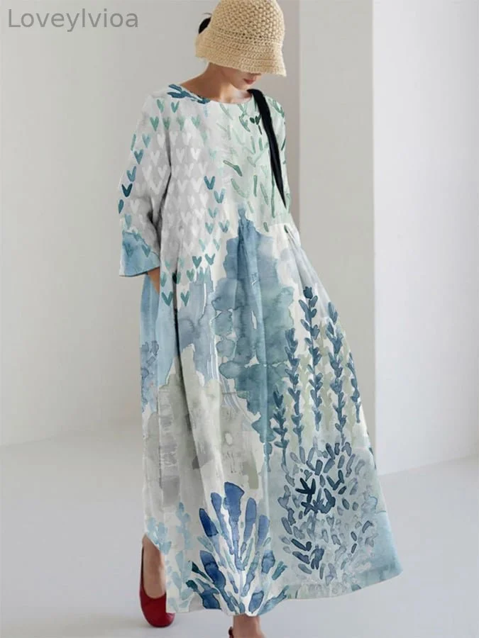 Ladies Retro Ink Painting Design Casual Loose Dress