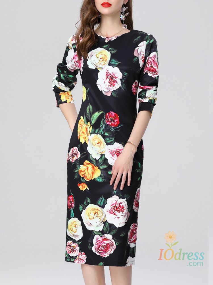 IO Dress Retro Printed Slim Fit Long Sleeved Round Neck Dress For Spring And Summer 2025 New Fashionable Women'S Clothing