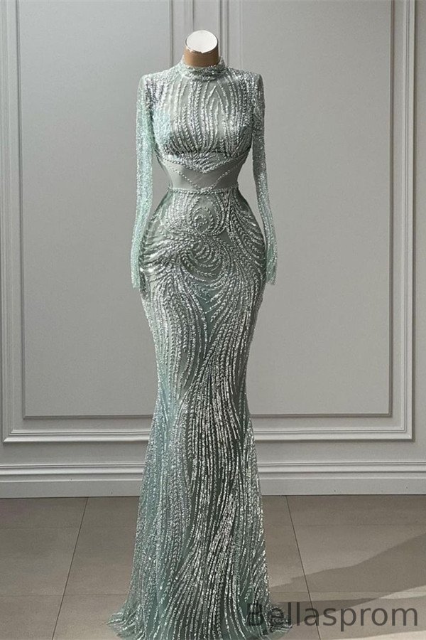 Bellasprom Mint Long Sleeves Mermaid Evening Dress With Beadings High Neck Bellasprom