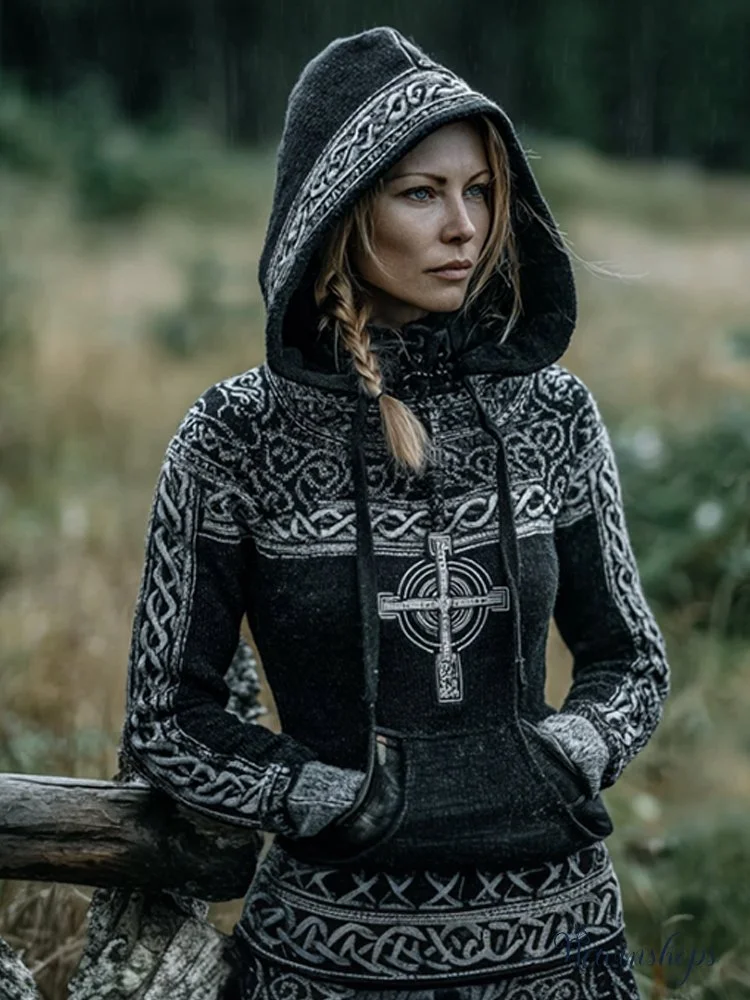 Women's Viking Style Compass Embroidered Hooded Sweater