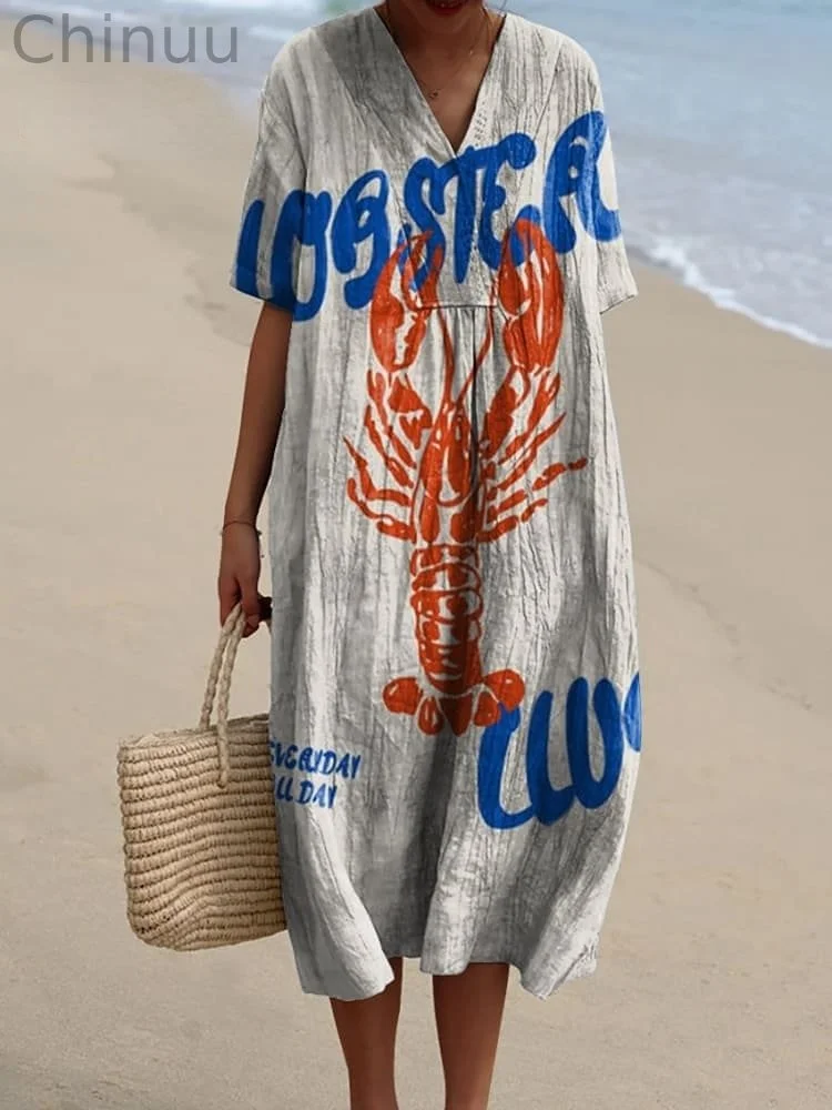 Women's Lobster Club Watercolor Splash Fluid Art Print Flowy Dress