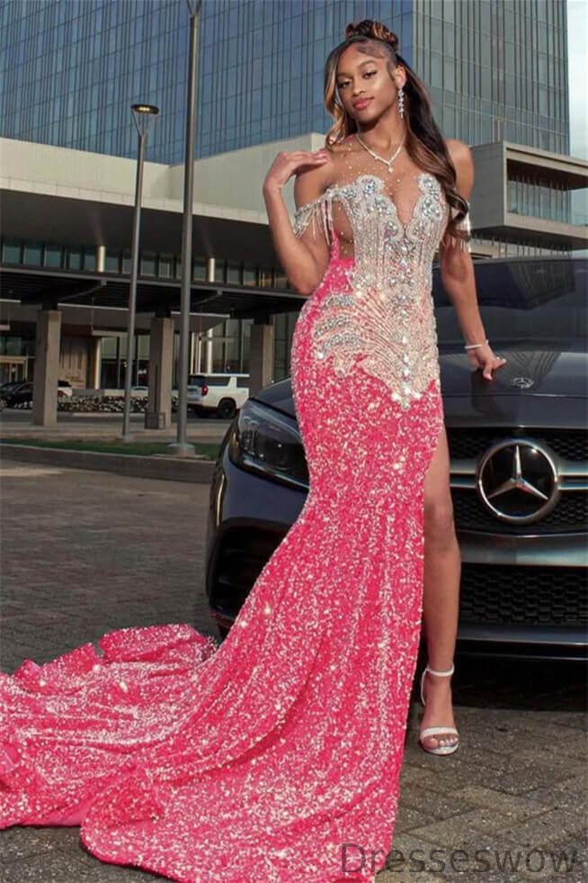 Dresseswow Watermelon Off-the-Shoulder Mermaid Prom Dress Sequins With Slit Beadings