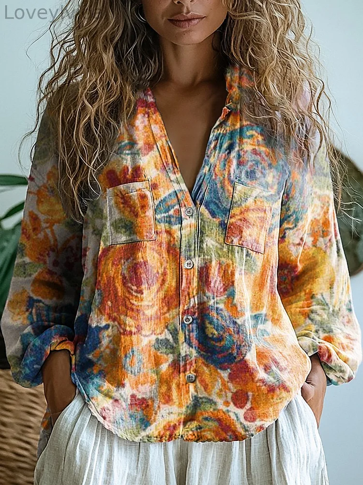 Women's Vintage Floral Art Print Casual Long Sleeve Comfortable Cotton Shirt