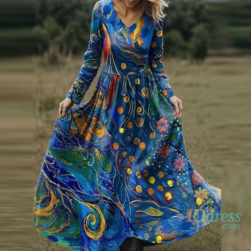 IO Dress Women's Casual V-neck High Waist Robe Dress Autumn New Pleated Holiday Dress Vintage Pattern Printed Long Sleeved Bohemian Dress