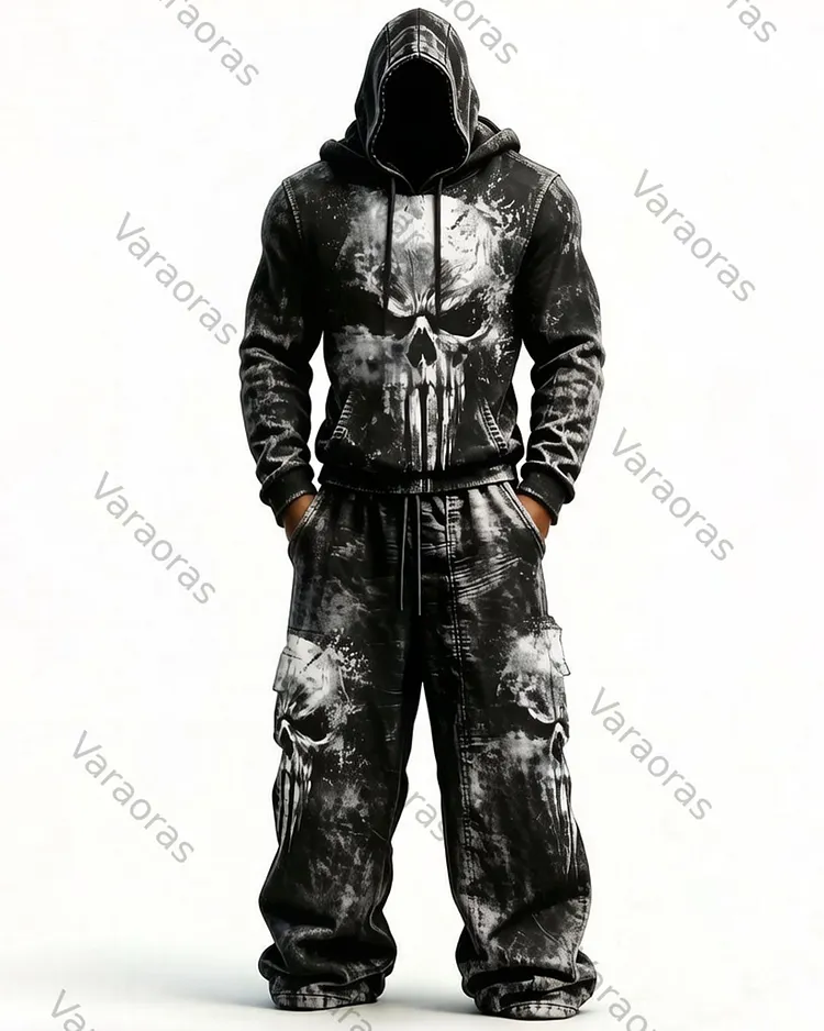 Men's Color-Block Skull-Embroidered Hoodie & Pants Two-Piece Set 6564