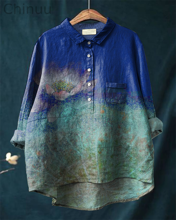 Japanese Water Lily Art Print Casual Cotton and Linen Shirt