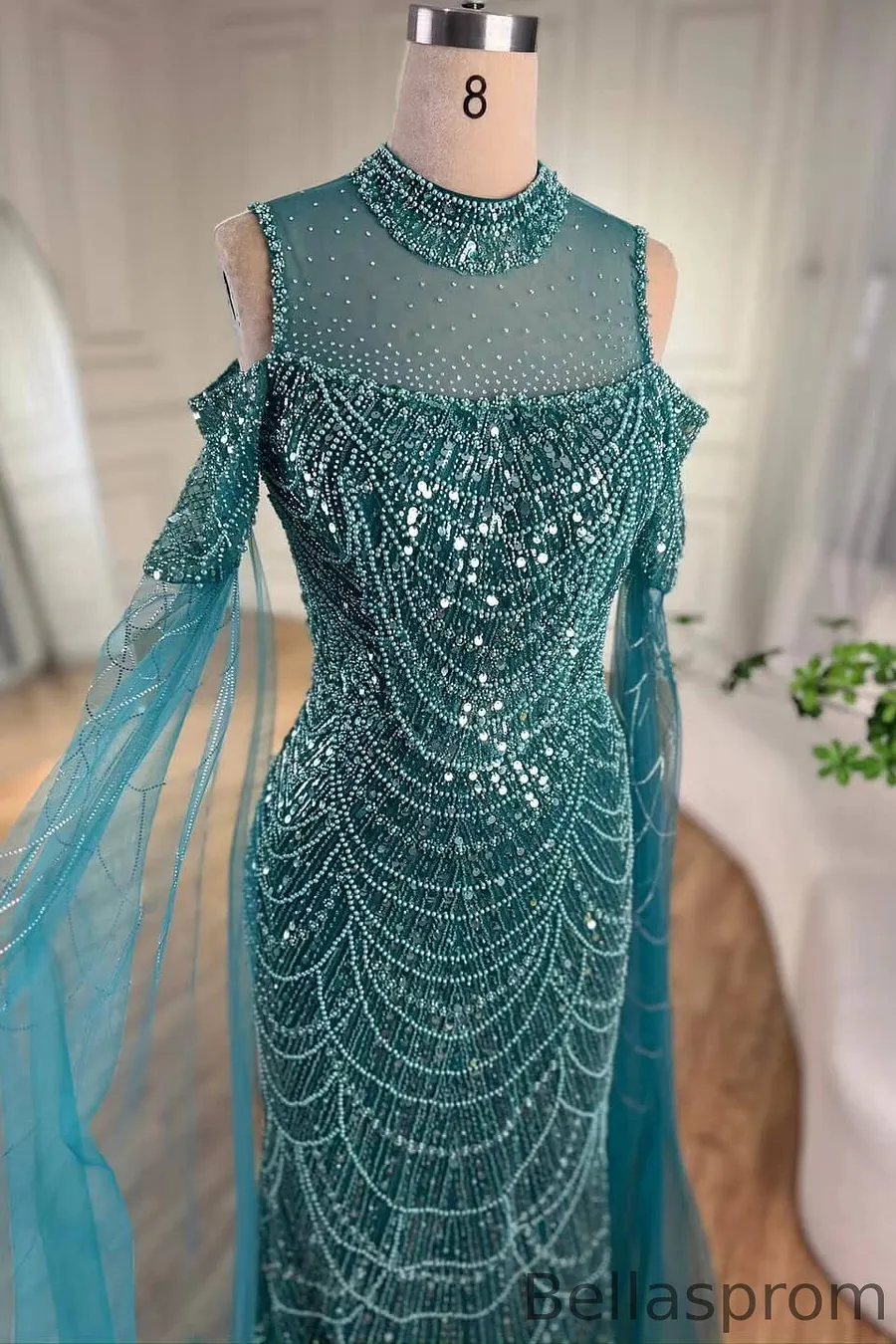 Bellasprom High Neck Pearl Mermaid Evening Dress Ruffle Sleeves Long Peacock-US2