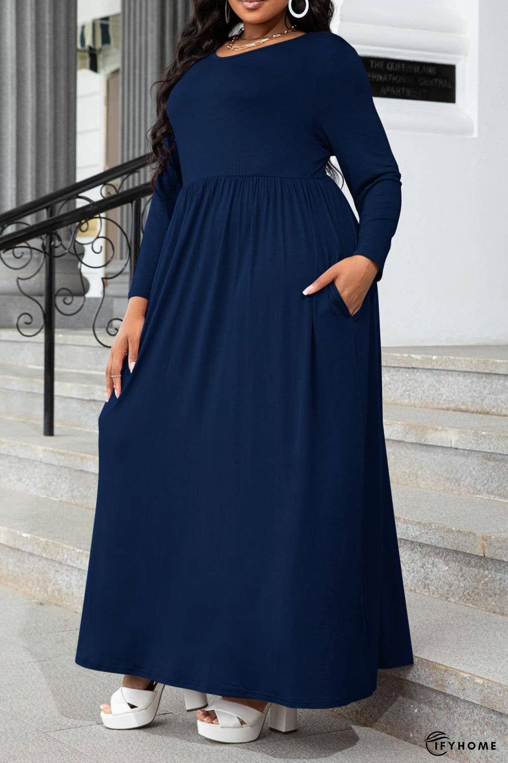 Plus Size Round Neck Long Sleeve Maxi Dress with Pockets | IFYHOME