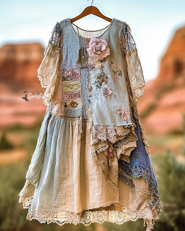 Vintage Floral Embroidered Lace Patchwork Short Sleeve Dress d9ff