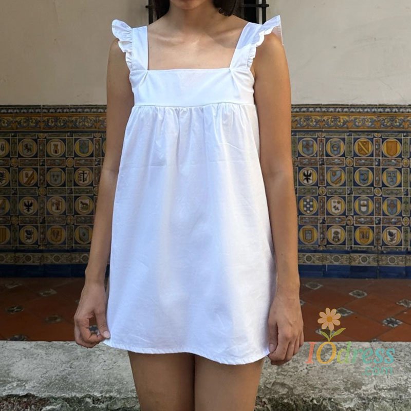 IO Dress Plaid Vintage Mini Dress Smock Style Square Neckline Loose Fit Short Dress Y2K Cottage Sleeveless Frill Straps Straight Dress