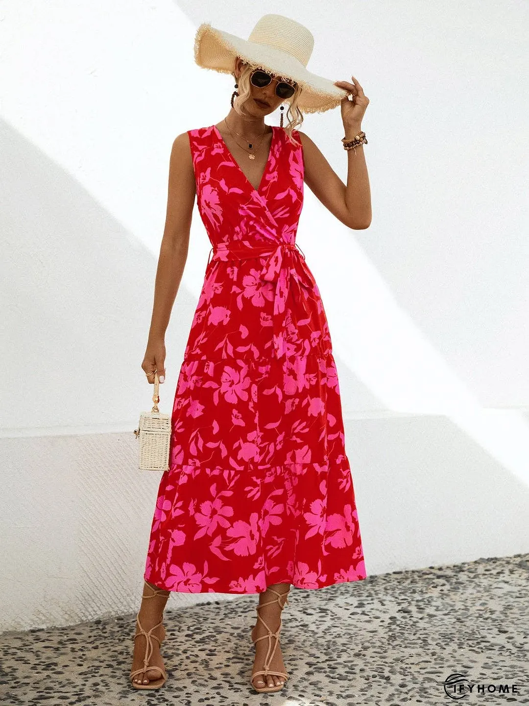 Tied Printed Surplice Tiered Dress | IFYHOME