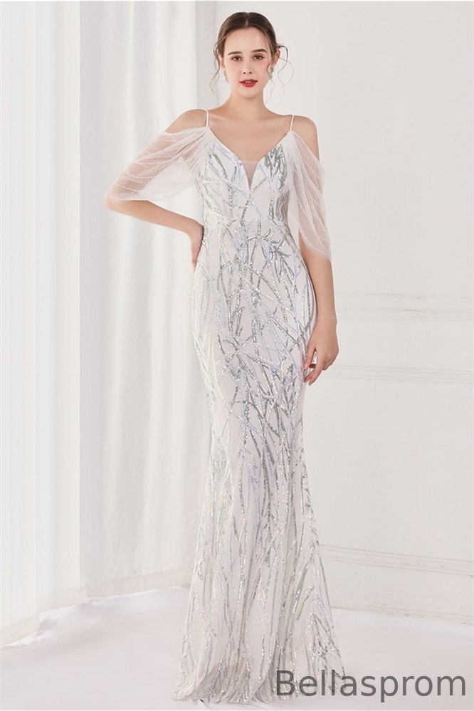 Bellasprom Off-the-Shoulder Mermaid Evening Gown Sequins V-Neck Spagetti Straps YE0071 Bellasprom