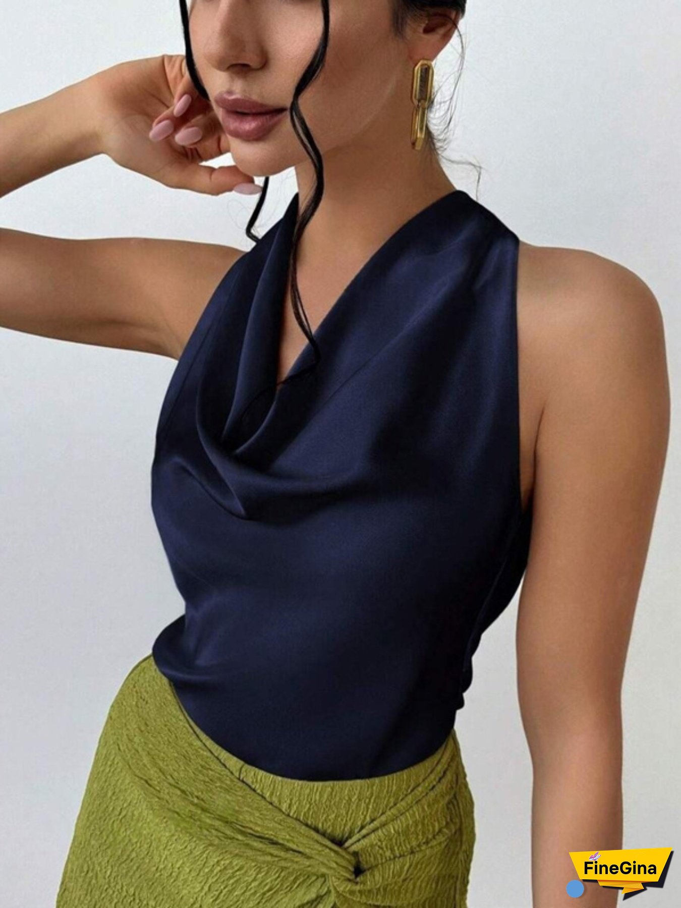 Women Satin Tank Tops Casual Summer Solid Color Tie up Back Cowl Neck Sleeveless Shirt Basic Vests for Streetwear