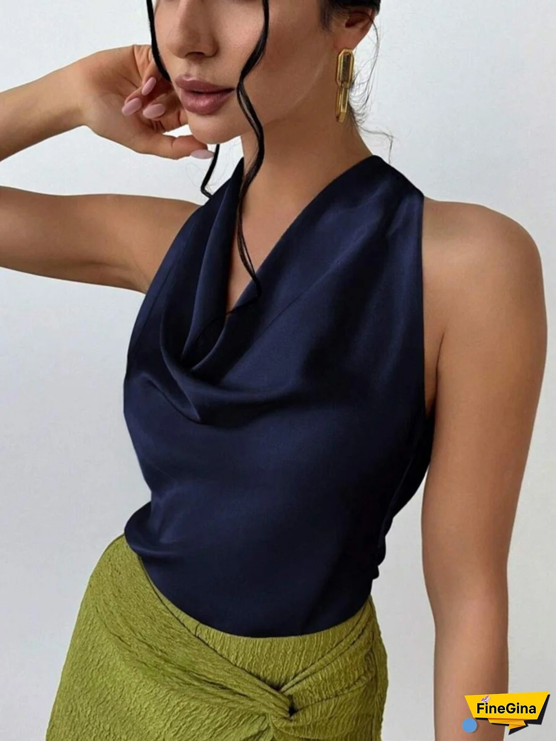 Women Satin Tank Tops Casual Summer Solid Color Tie up Back Cowl Neck Sleeveless Shirt Basic Vests for Streetwear