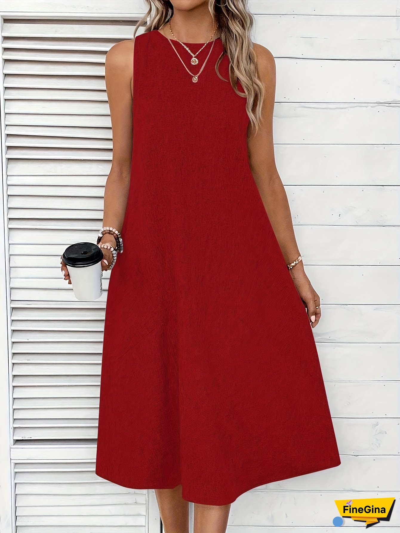 Women's Sleeveless A-Line Dress - Vibrant Red Round Neck With Double Pockets, Loose Fit Midi Length, Breathable Fabric For Casual & Formal Occasions, Machine Washable, Casual Attire, Sophisticated Style