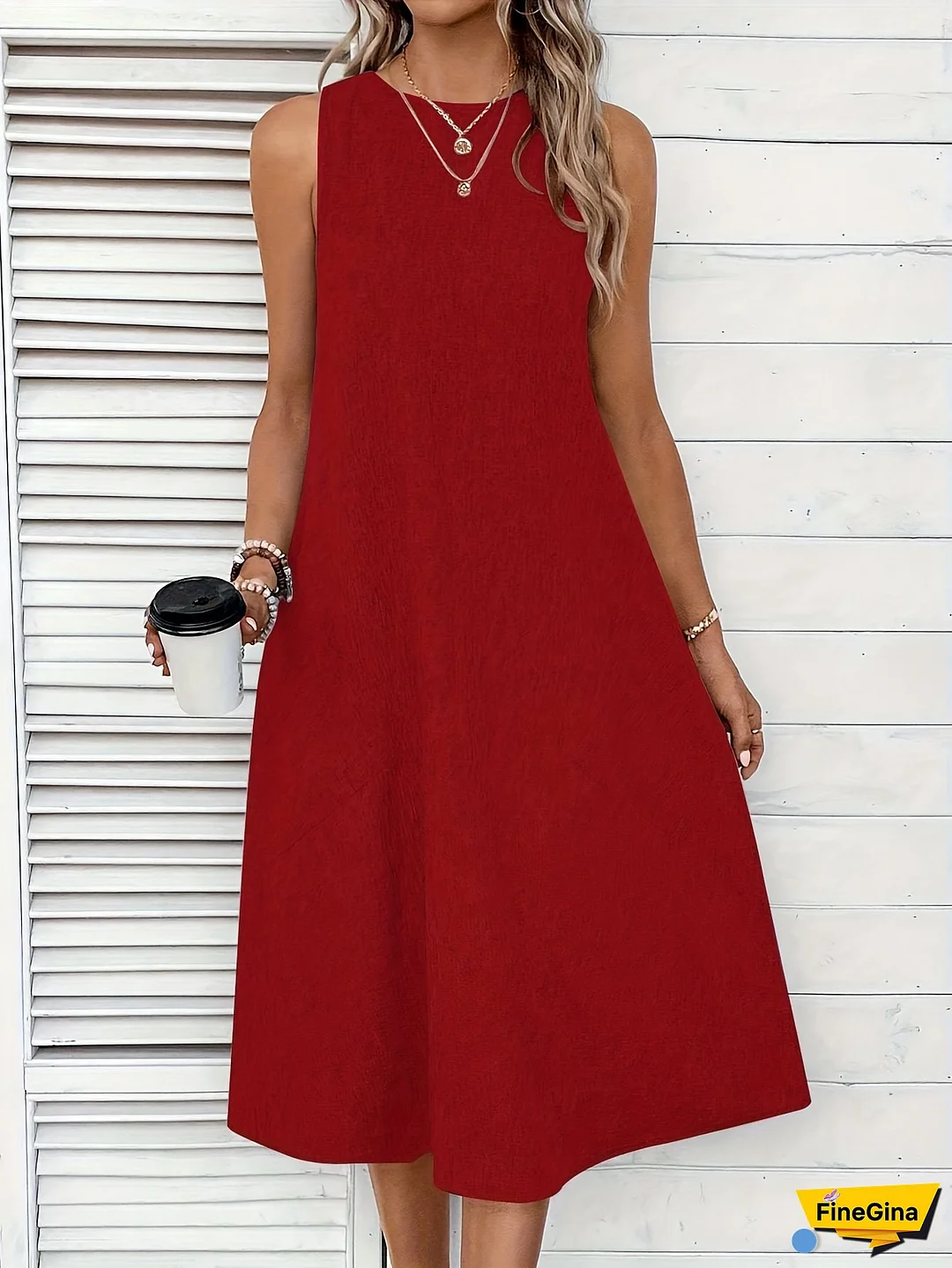 Women's Sleeveless A-Line Dress - Vibrant Red Round Neck With Double Pockets, Loose Fit Midi Length, Breathable Fabric For Casual & Formal Occasions, Machine Washable, Casual Attire, Sophisticated Style