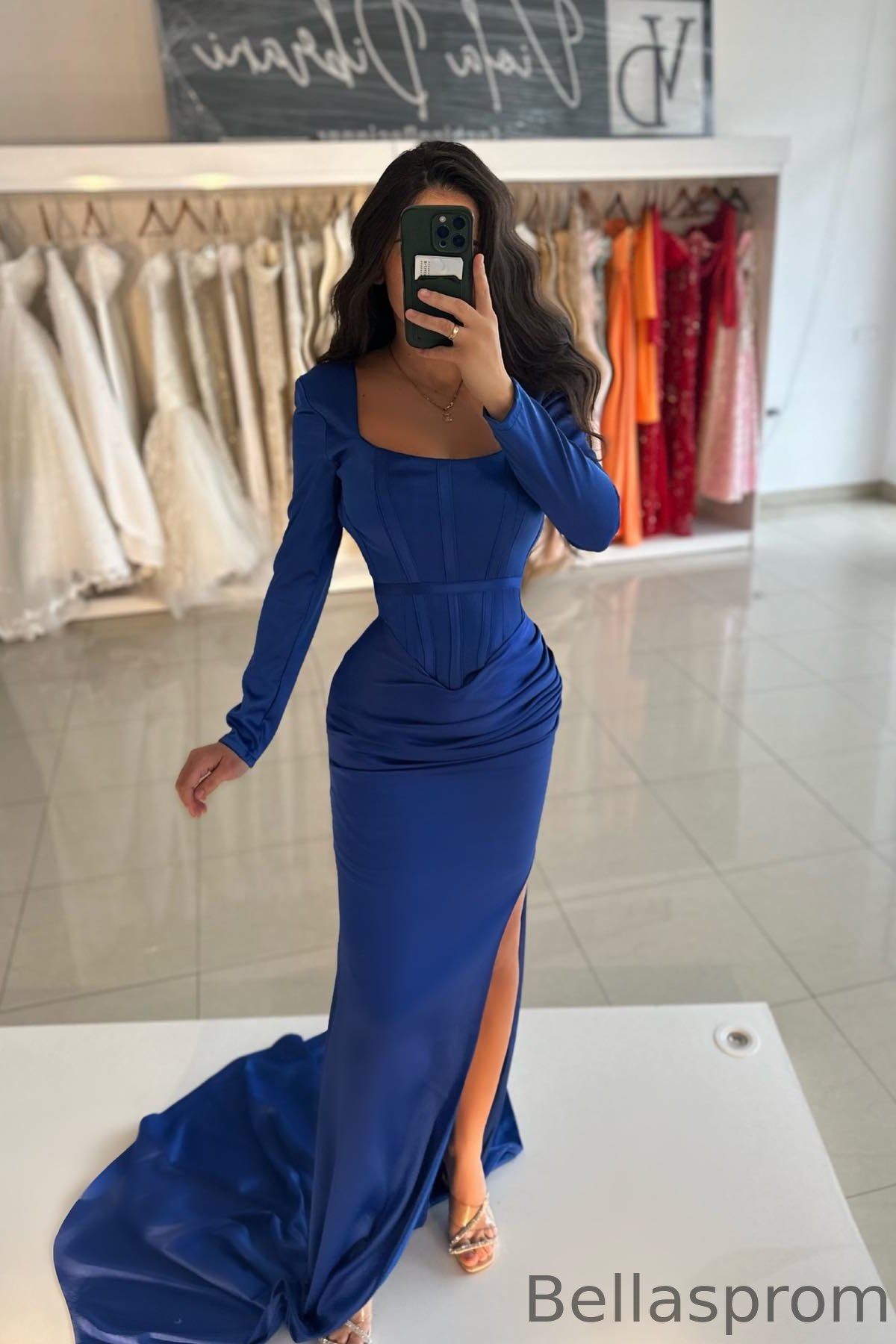 Bellasprom Royal Blue Square Long Sleeves Mermaid Prom Dress With Split Bellasprom