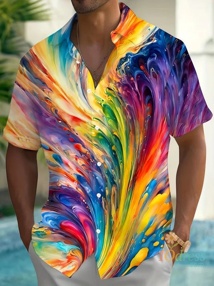IO Menswear Men's Summer Casual Shirt Vibrant 3D Print Graffiti Art Short Sleeves Lapel Button-Up Top Stylish Streetwear Colorful Shirt Man