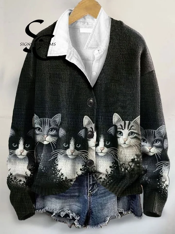 Cat-Themed Buttoned V-Neck Cardigan Sweater