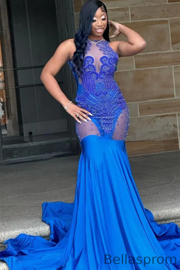 Bellasprom Royal Blue Sleeveless Prom Dress Mermaid With Beadings Scoop Bellasprom