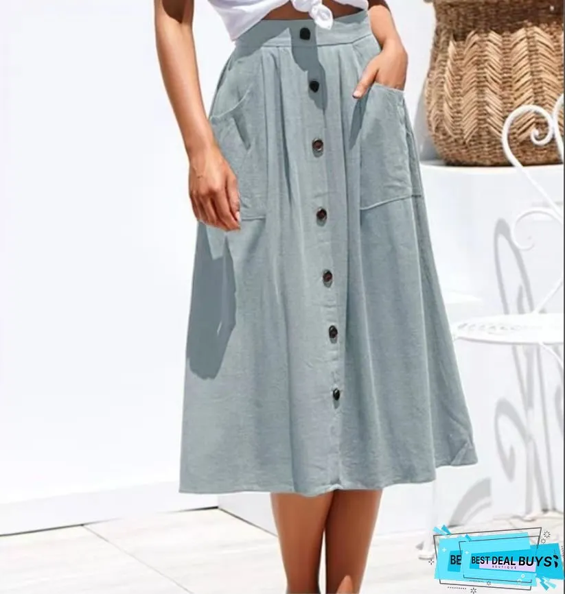 Womens High-Waisted Stretch A-Line Pleated Midi Skirt with Pockets All-Season