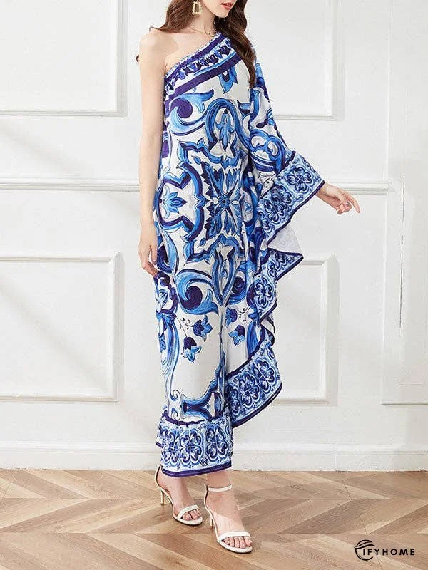 Flared Sleeves Contrast Color Floral Printed One-Shoulder Midi Dresses | IFYHOME