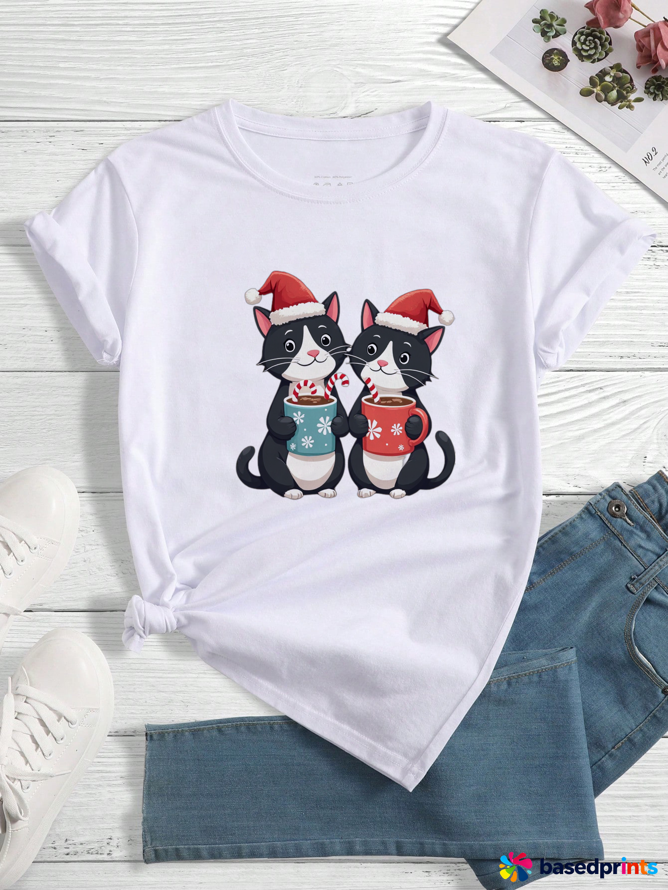 Christmas Cats T Shirt Women Cotton Short Sleeve Casual Tee Tops