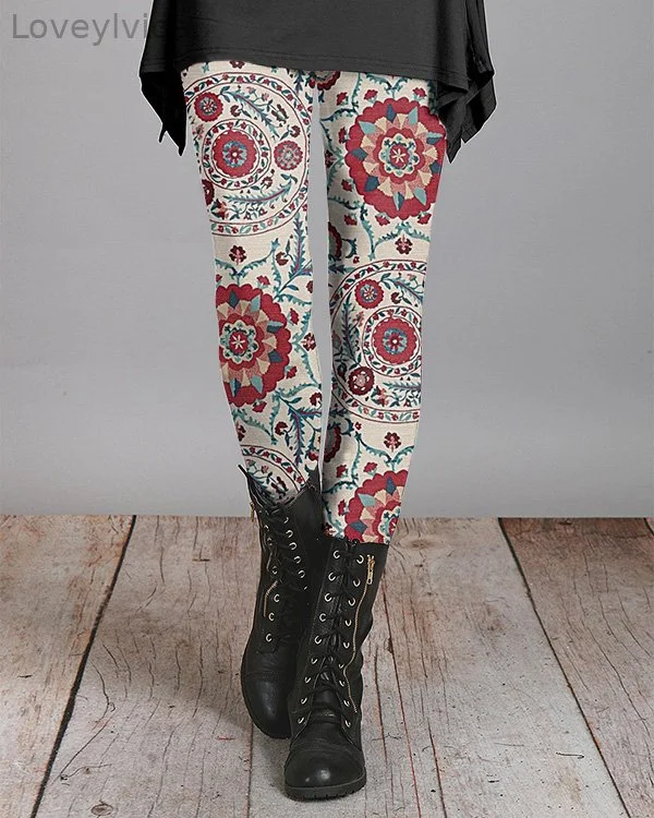 Vintage Jacquard Floral Print Casual Leggings