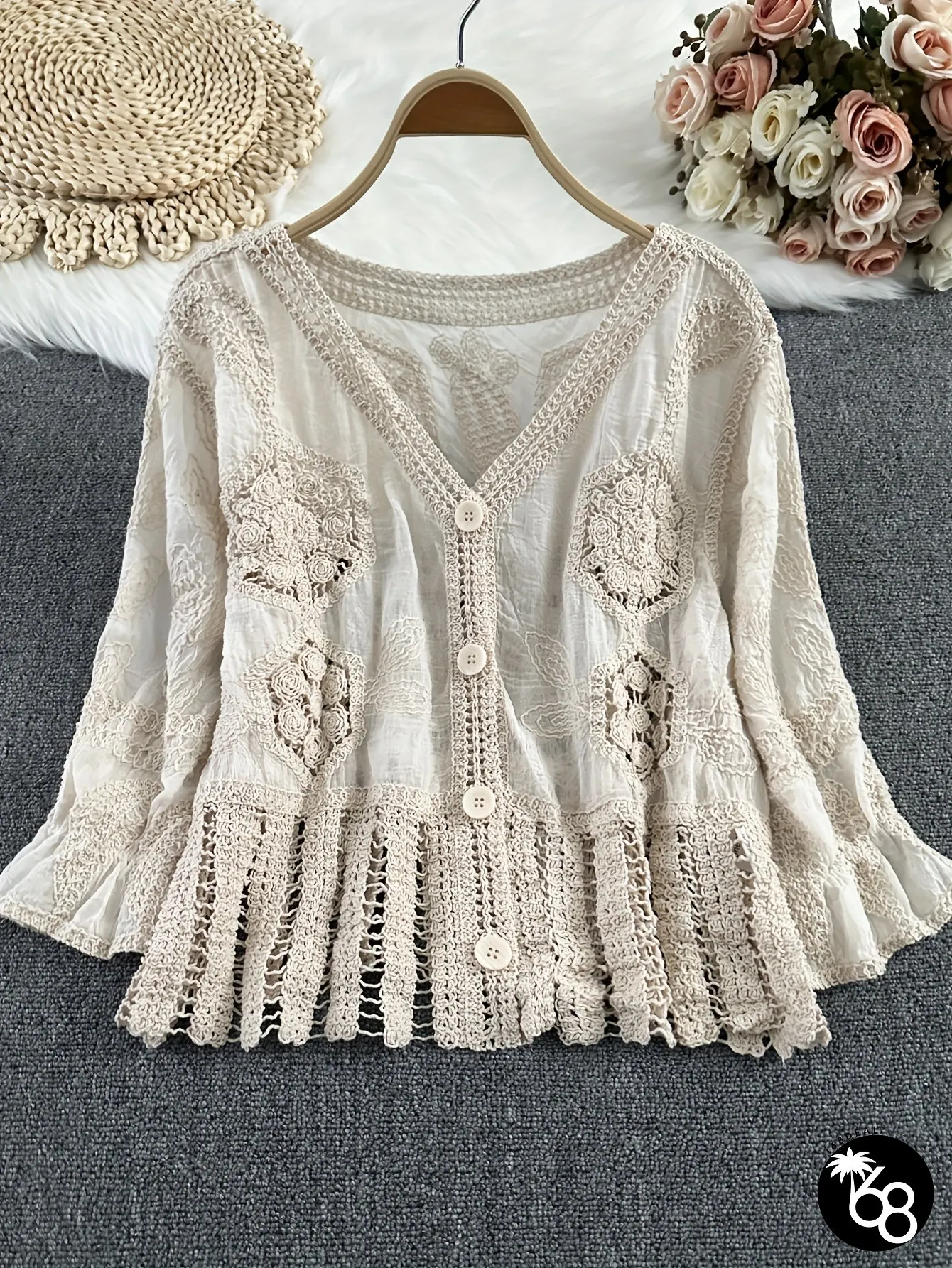 Elegant White Crochet Cardigan With Floral Embroidery And Fringe Detail V-Neck Long | 168DEAL