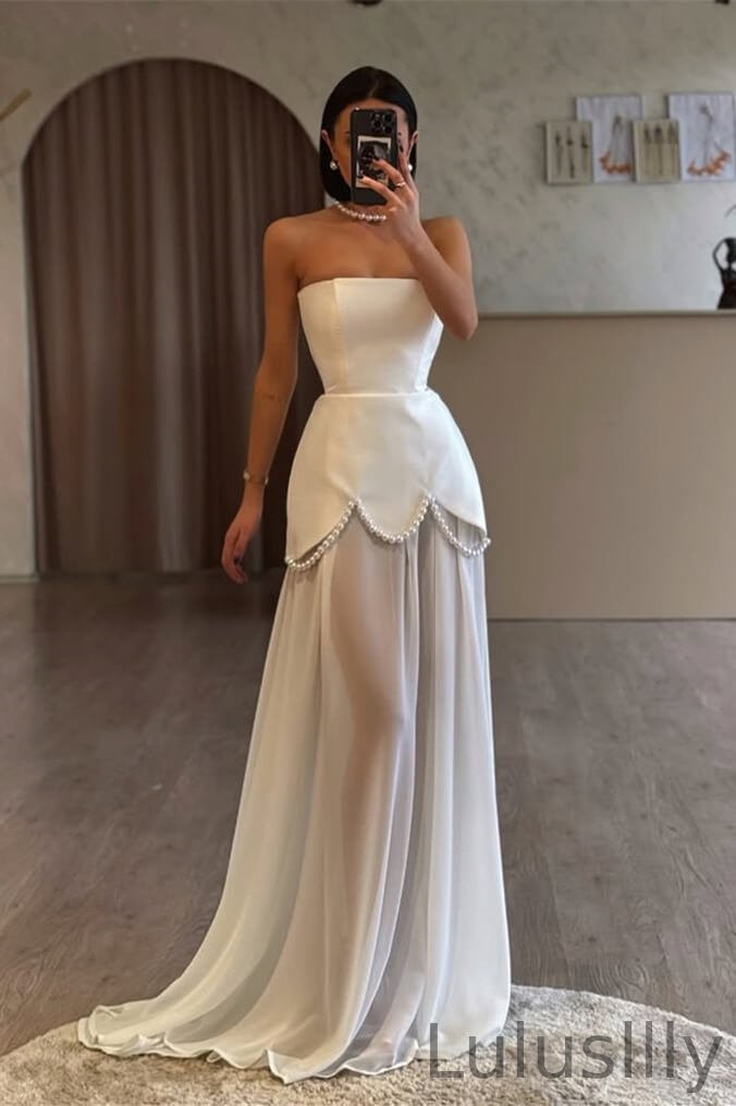 Stunning White Strapless Long Evening Gown Chiffon With Pearls - lulusllly