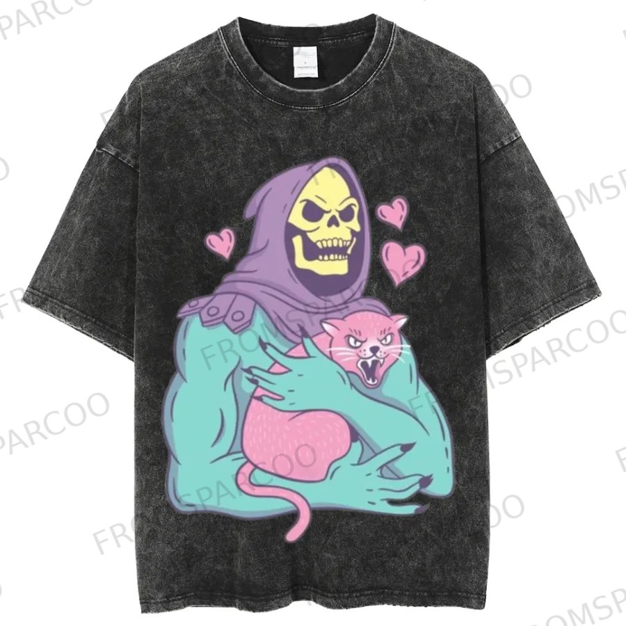 Funny Skull Cat Vintage Batik Washed Print T-shirt