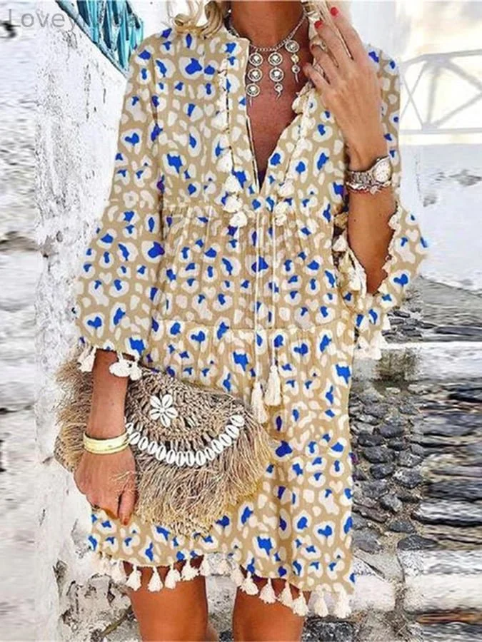 Women's Sweet Printed Fringe Ruffle Sleeve Dress
