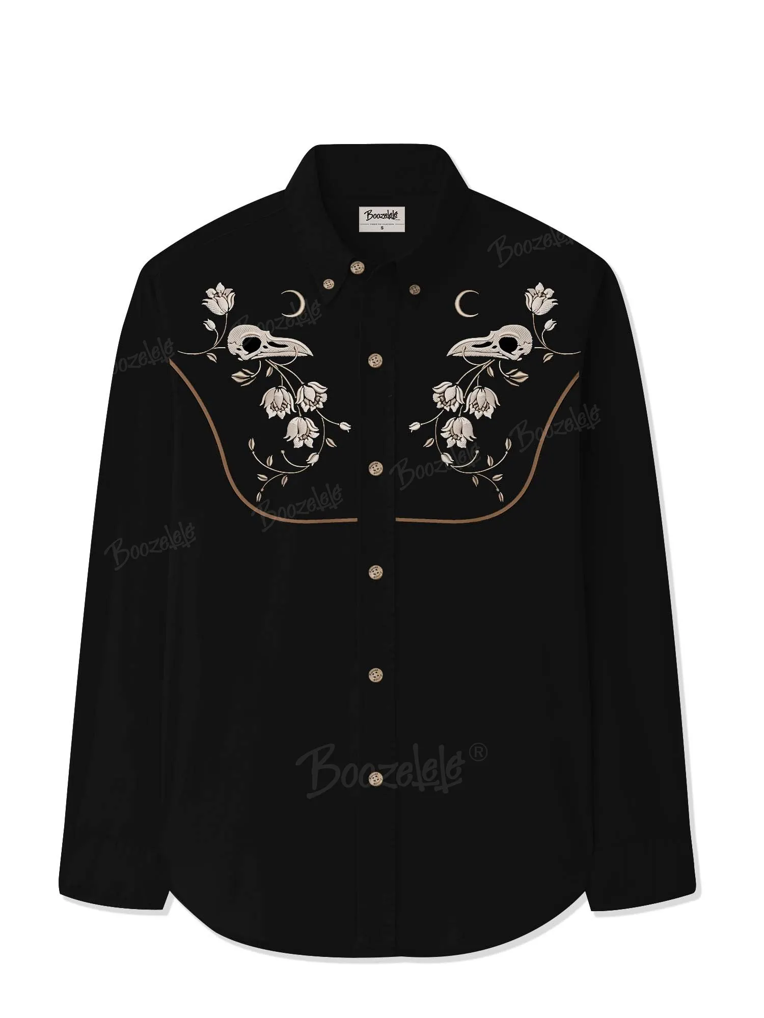 【Embroidery】Flower And Raven Skull - 100% Cotton Long Sleeves Shirt