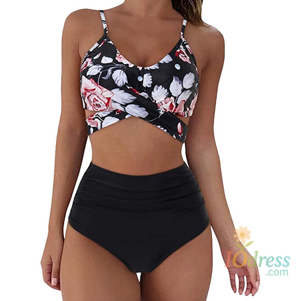IO Dress Hot 12 Colors Women Slim Bikini Sets High Waisted Sexy Swimwear 2 Pieces 2025 Solid/Floral Ruched Brazilian Swimsuit Cross Front