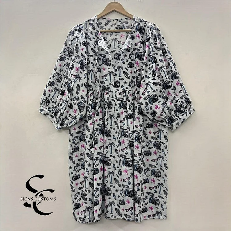 Blue Floral Print Midi & Mini Dress &ndash; Summer Cotton Tunic with Deep Neck and String Closure